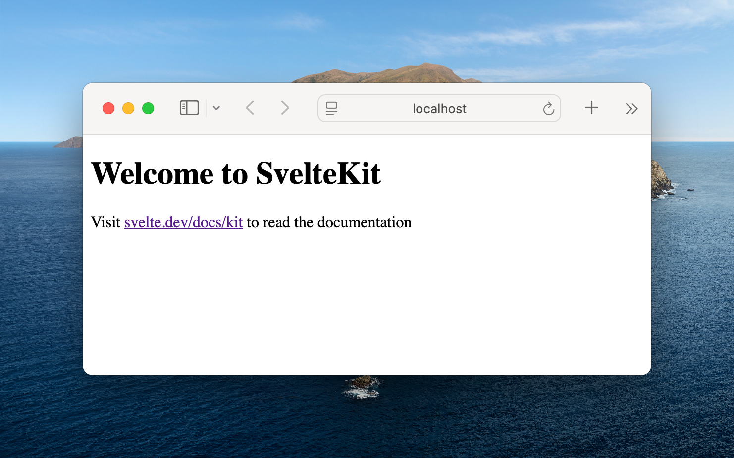 Browser showing the default SvelteKit welcome page running on localhost