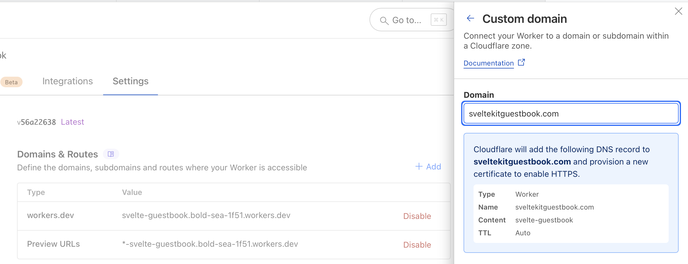 Cloudflare Worker settings page showing custom domain configuration for sveltekitguestbook.com