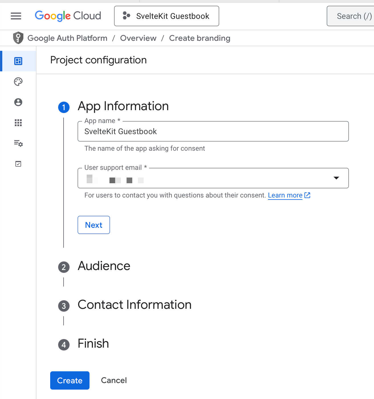 Google OAuth consent screen configuration form showing app information fields