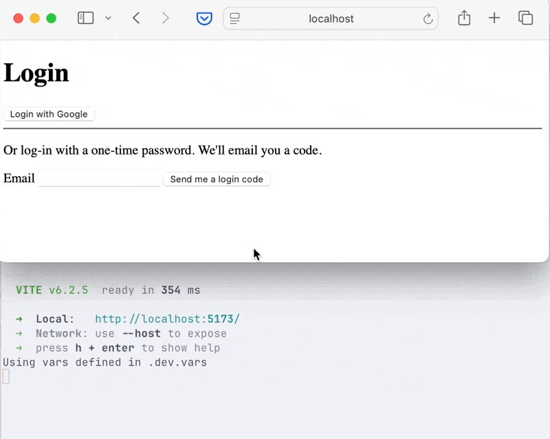 Animation showing OTP login flow with email input, code verification, and successful authentication