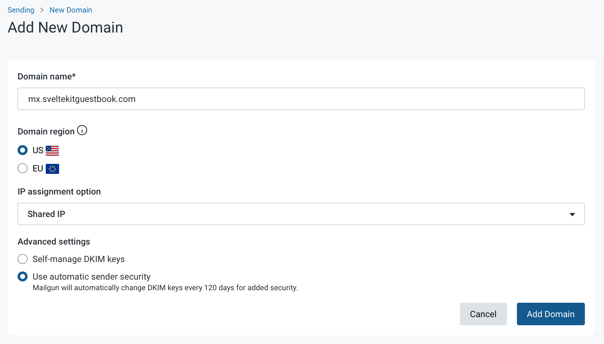 Mailgun domain setup form showing mx.sveltekitguestbook.com configuration with automatic sender security options