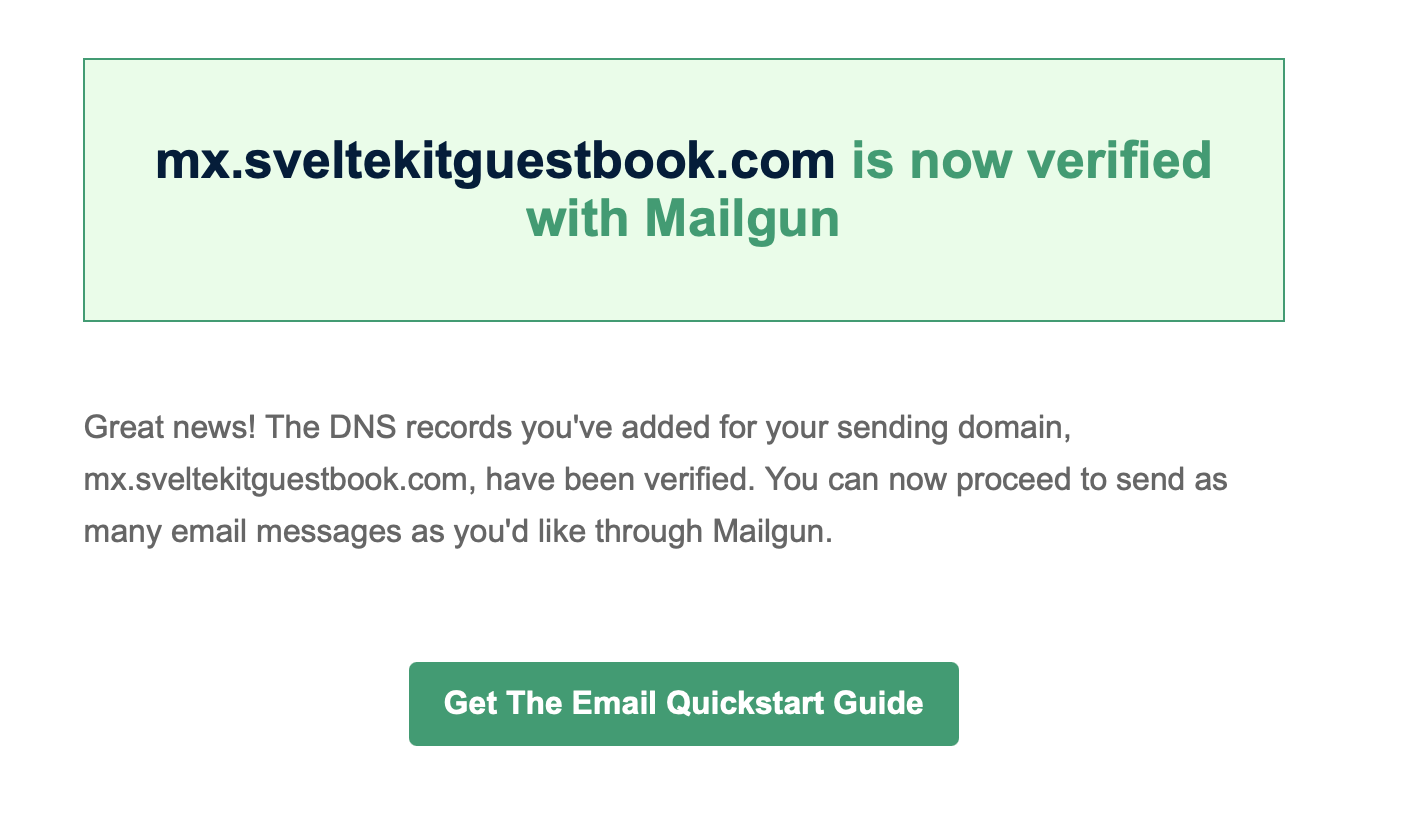 Email from Mailgun confirming successful domain verification for mx.sveltekitguestbook.com