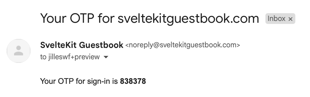 Email inbox showing OTP code email from SvelteKit Guestbook with 6-digit verification code