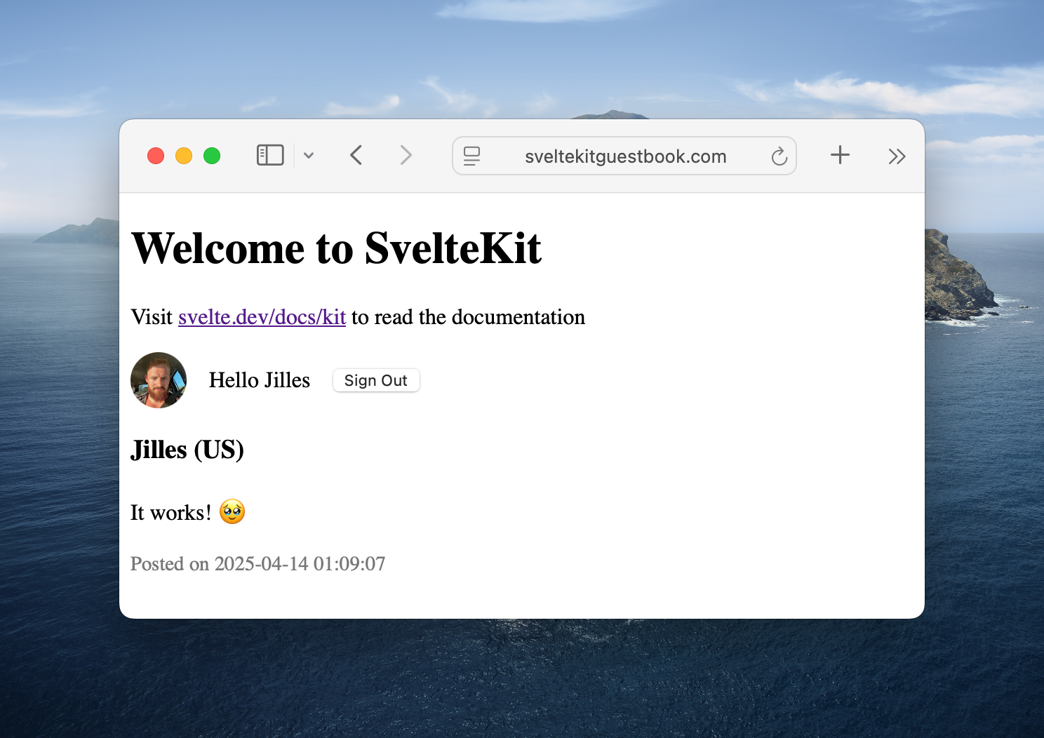Guestbook application showing authenticated user with Google profile picture and name displayed